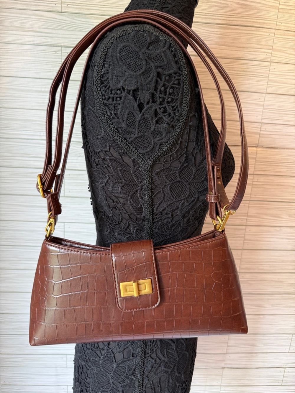 Primark Brown Croc-Effect Shoulder Bag with Gold Hardware